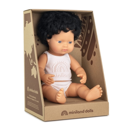 Lalka Chłopiec Europejczyk Czarne Kręcone Włosy 38cm Miniland Doll
