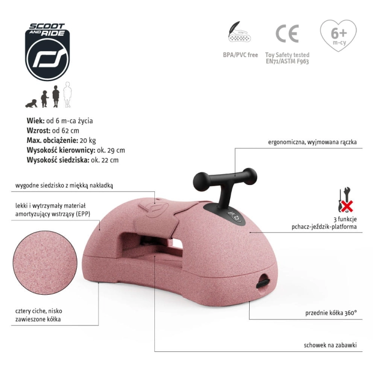 Jeździk Pchacz 3w1 6m+ My First Scootandride Rose