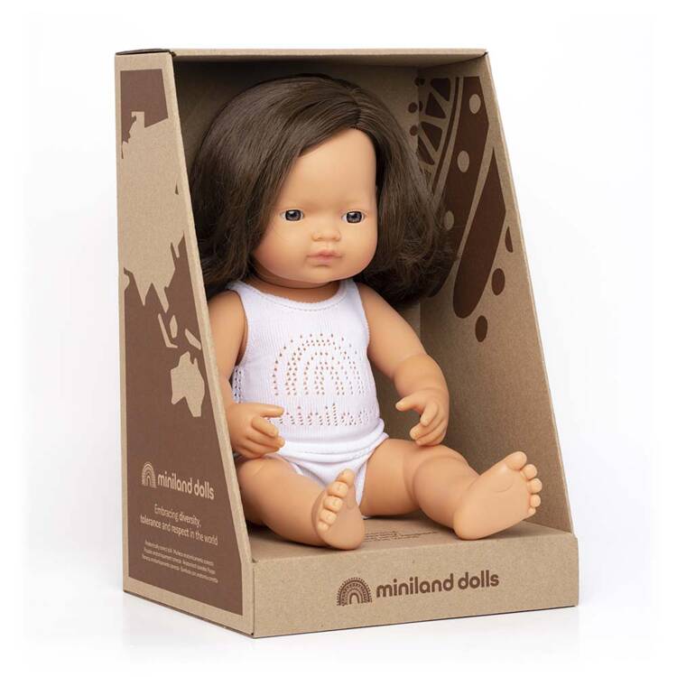 Lalka dziewczynka Europejka Brązowe włosy 38cm Miniland Doll