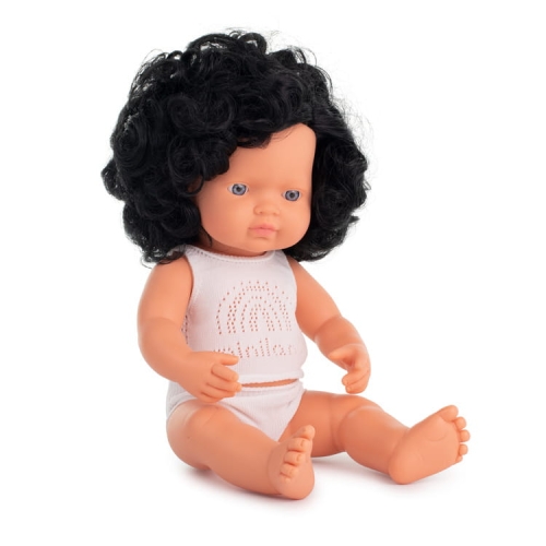 Lalka dziewczynka Europejka Czarne Kręcone Włosy 38 cm Miniland Doll