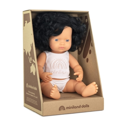 Lalka dziewczynka Europejka Czarne Kręcone Włosy 38 cm Miniland Doll