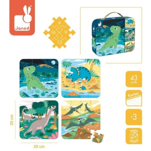 Puzzle dla Dzieci Progresywne w Walizce Dinozaury 4 Układanki 3+ Janod