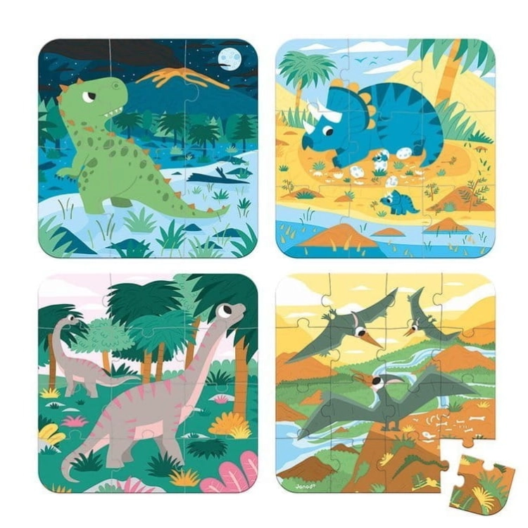 Puzzle dla Dzieci Progresywne w Walizce Dinozaury 4 Układanki 3+ Janod
