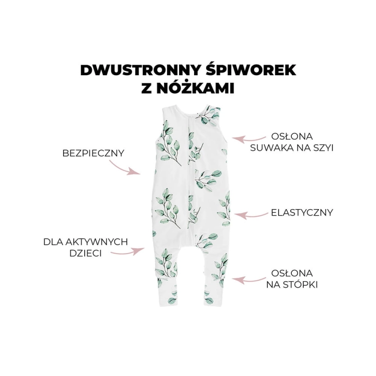 Śpiworek Niemowlęcy do Spania Dwustronny z Nóżkami Eukaliptus/Czarne Kropki 1-2 Lata — Sleepee