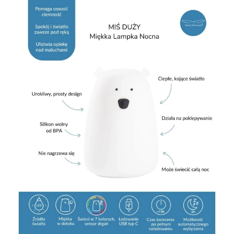Lampka Led dla Dzieci Silikonowa Miś Duży Biały — Rabbit and Friends