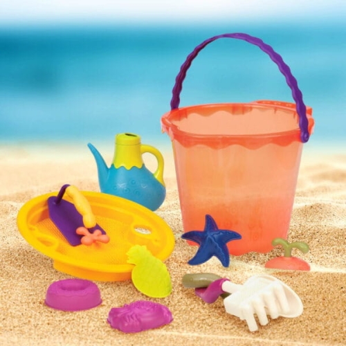 Wiaderko łopatka grabki i foremki B.toys niebiesko-limonkowe