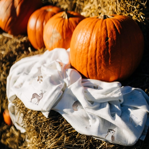 Zbliżenie na delikatny splot tetry bambusowej otulacza Layette Woodland
