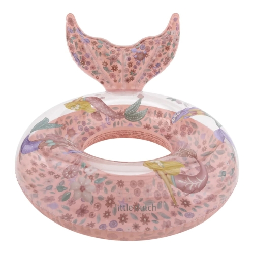 Koło do pływania Dreamy Mermaid Little Dutch 91cm – widok z boku, transparentne różowe koło z ogonem syreny i nadrukiem syrenek