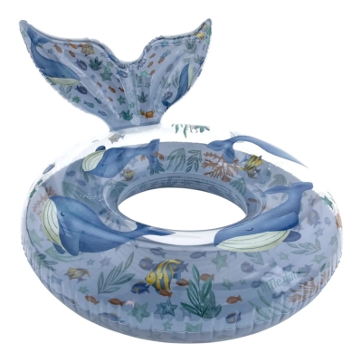 Koło do pływania Ocean World 91cm Little Dutch – widok z boku, nadmuchiwane koło z wielorybami, delfinem i rybkami morskimi
