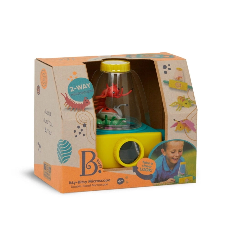 Dwustronny mikroskop do obserwacji owadów Itty-Bitty Microscope B.toys w opakowaniu – widok na produkt przez okno pudełka, zabawka naukowa dla dzieci