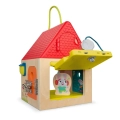 Domek z zamkami Unlock & Learn Box B.toys – wnętrze otwartego domku z figurką króliczka i ilustracjami, zabawka manualna dla dzieci
