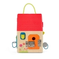 Domek z zamkami Unlock & Learn Box B.toys – widok z boku, pomarańczowe drzwi z zasuwą i zamkami, ilustracja kwiatów B.toys