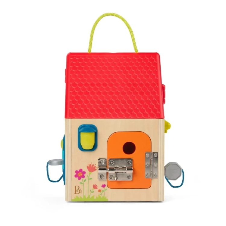 Domek z zamkami Unlock & Learn Box B.toys – widok z boku, pomarańczowe drzwi z zasuwą i zamkami, ilustracja kwiatów B.toys