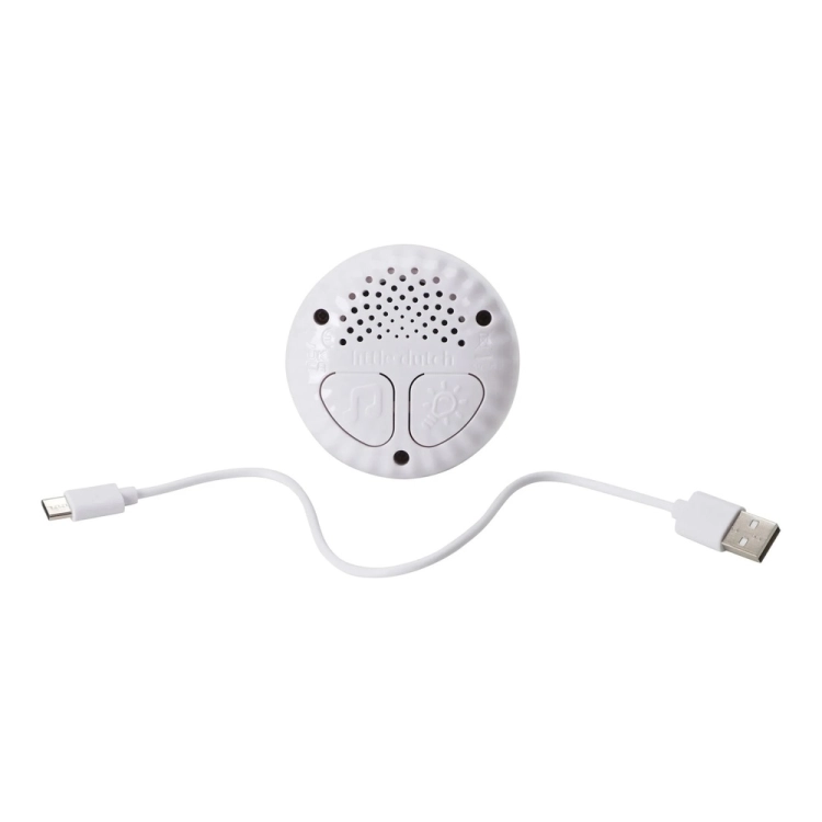 Królik interaktywny Newborn Naturals Little Dutch – biały moduł dźwiękowy z głośnikiem i kablem USB do ładowania, element zestawu z pluszowym królikiem