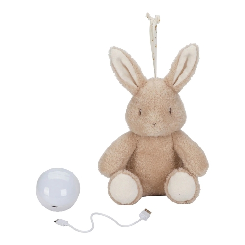 Królik interaktywny Newborn Naturals Little Dutch – pluszowy królik beżowy z długimi uszami i biały moduł świetlny z kablem USB, kompletny zestaw na białym tle