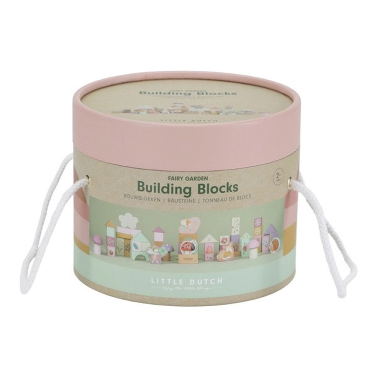 Zestaw klocków Fairy Garden FSC Little Dutch – różowe okrągłe pudełko z ilustracją klocków, Little Dutch Building Blocks Fairy Garden, dla dzieci od 2 lat