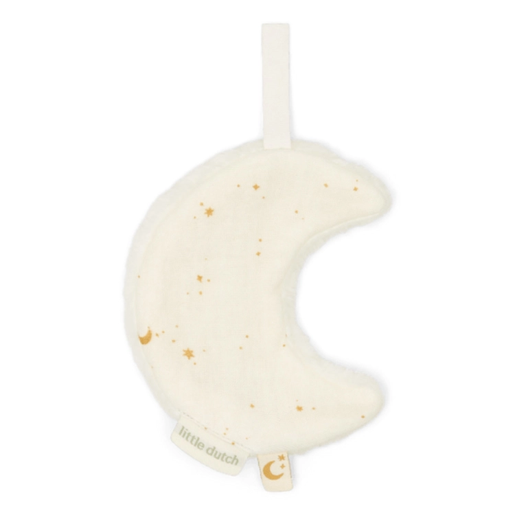 Zestaw prezentowy Moon & Stars Little Dutch – gryzak w kształcie księżyca z muszelki, kolor ecru ze złotym wzorem gwiazd i księżyców, Little Dutch