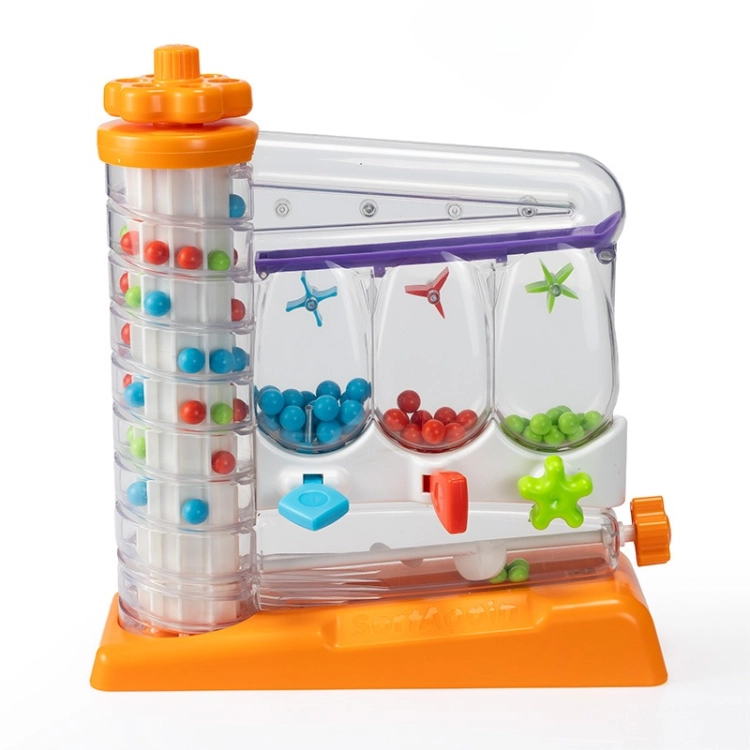 Sorter kulek SortAgain Fat Brain Toys — przezroczysta wieża z windą i trzy zbiorniki na kolorowe kulki