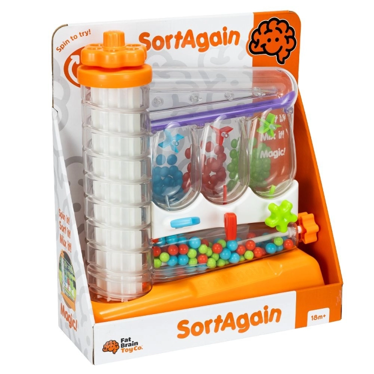 Opakowanie Zakręconego Sortera SortAgain Fat Brain Toys — ujęcie pod kątem, oznaczenie wieku 18 m+