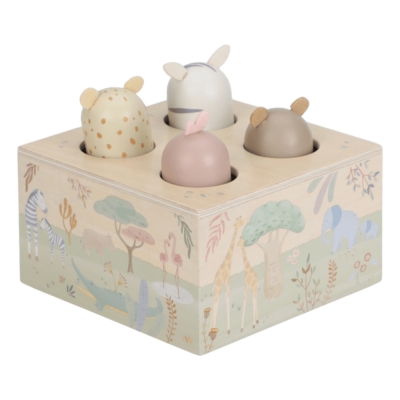 Drewniana zabawka pop-up Little Dutch Safari Friends — cztery figurki zwierząt w skrzynce z motywem sawanny