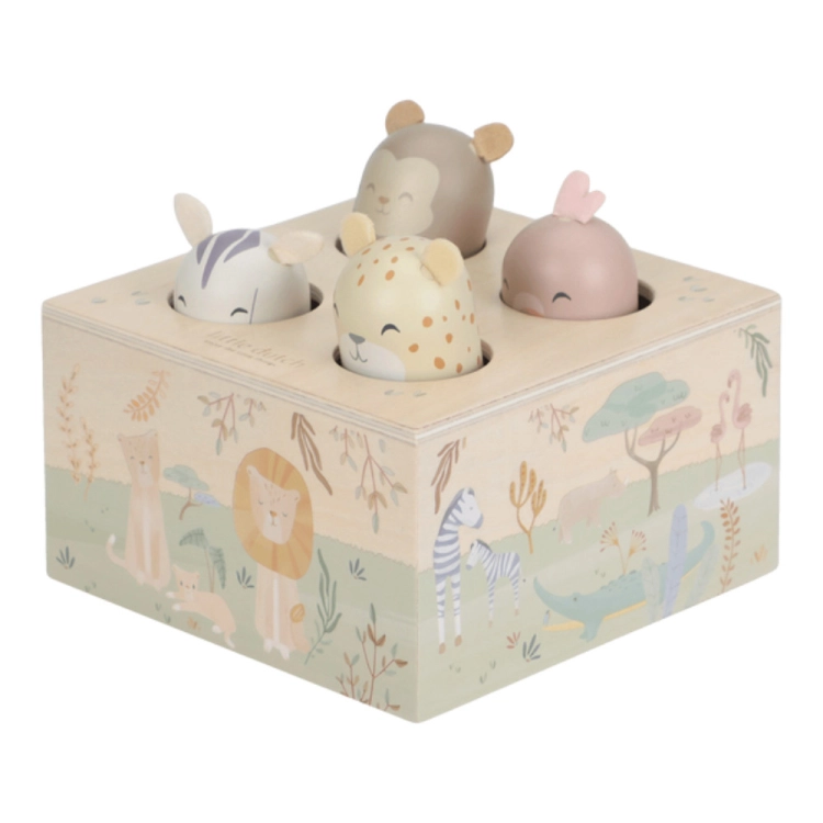 Drewniana zabawka pop-up Little Dutch Safari Friends z drewna FSC — ujęcie pod kątem z czterema figurkami
