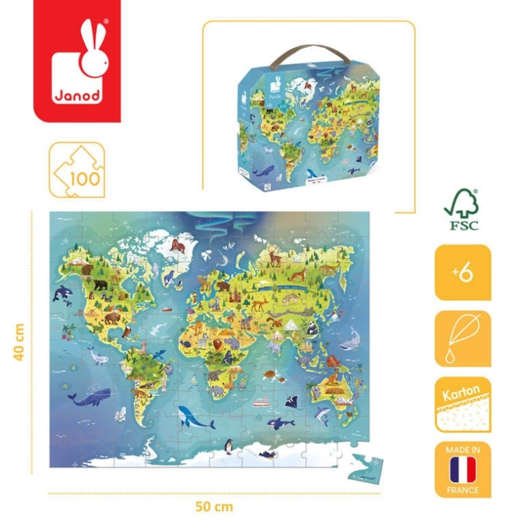 Puzzle Janod Mapa świata 100 elementów - infografika z wymiarami 50x40 cm, wiekiem 6+ i certyfikatem FSC