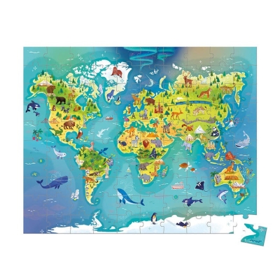 Ułożone puzzle Janod Mapa świata - kontynenty ze zwierzętami i ostatni element obok układanki