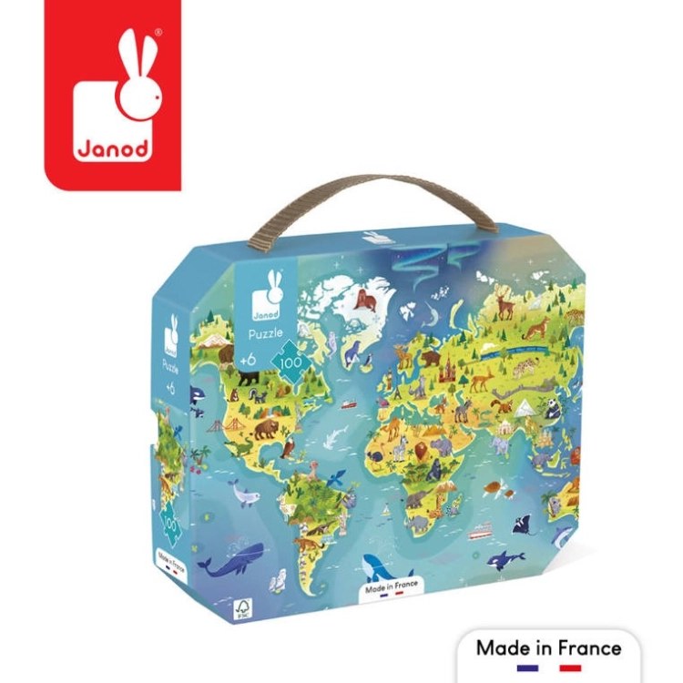 Walizka puzzli Janod Mapa świata 100 elementów z oznaczeniem Made in France i wiekiem 6+
