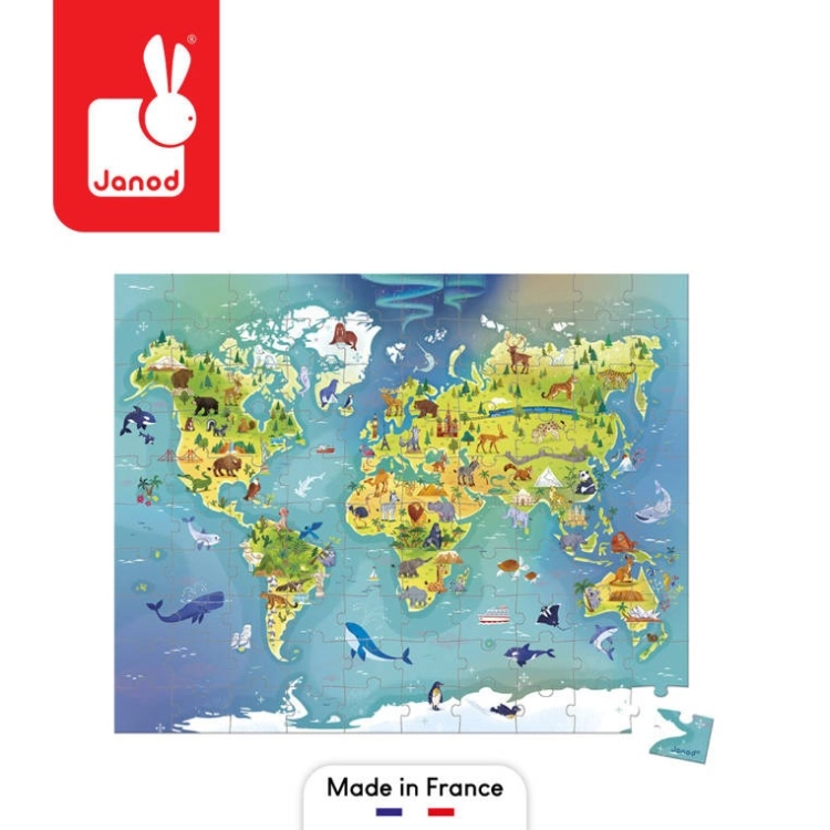 Ułożone puzzle Janod Mapa świata 100 elementów na białym tle z logo marki i Made in France