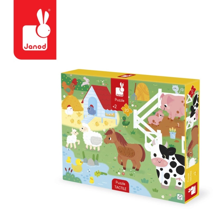 Pudełko puzzli sensorycznych Janod Farma 20 elementów pod kątem, z logo marki i oznaczeniem +2