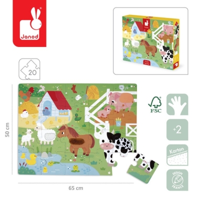 Puzzle sensoryczne Janod Farma - infografika z wymiarami 65x50 cm, 20 elementów, FSC i wiekiem +2