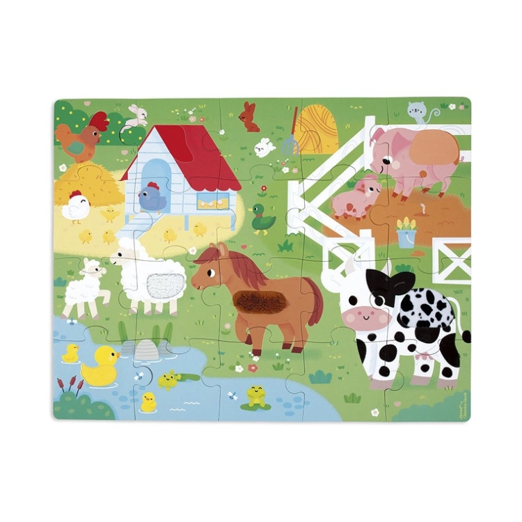 Ułożone puzzle sensoryczne Janod Farma - dom, owce, koń, krowa i staw z kaczkami