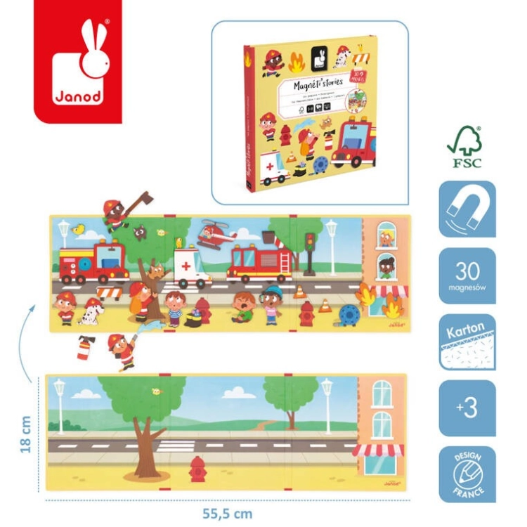Magnetyczna układanka Strażacy Janod - infografika z wymiarami 55,5x18 cm, 30 magnesami i wiekiem +3