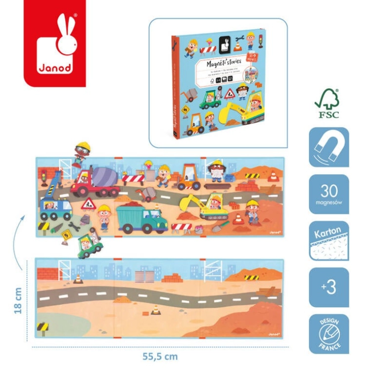 Magnetyczna układanka Plac budowy Janod - infografika z wymiarami 55,5x18 cm, 30 magnesami i wiekiem +3