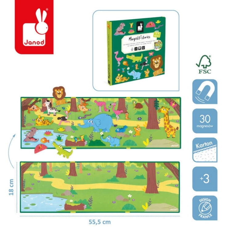 Magnetyczna układanka Afrykańskie zwierzęta Janod - infografika z wymiarami 55,5x18 cm i 30 magnesami