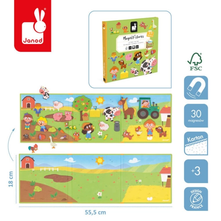 Magnetyczna układanka Farma Janod - infografika z wymiarami 55,5x18 cm, 30 magnesami i wiekiem +3