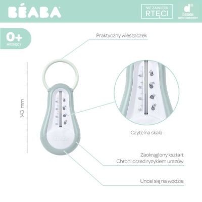 Termometr do kąpieli Beaba Green Blue - infografika z wysokością 143 mm, skalą i informacją o braku rtęci