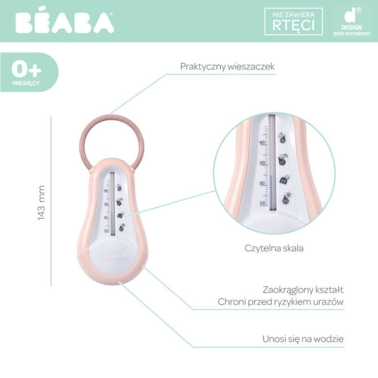 Termometr do kąpieli Beaba Old Pink - infografika z wysokością 143 mm, skalą i informacją o braku rtęci