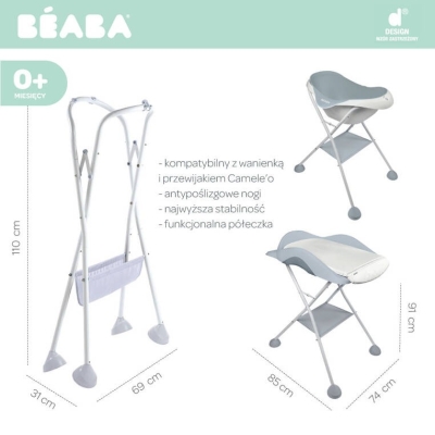 Stojak Beaba Camele'o - infografika z wymiarami 110x69x31 cm oraz wanienką i przewijakiem na stojaku