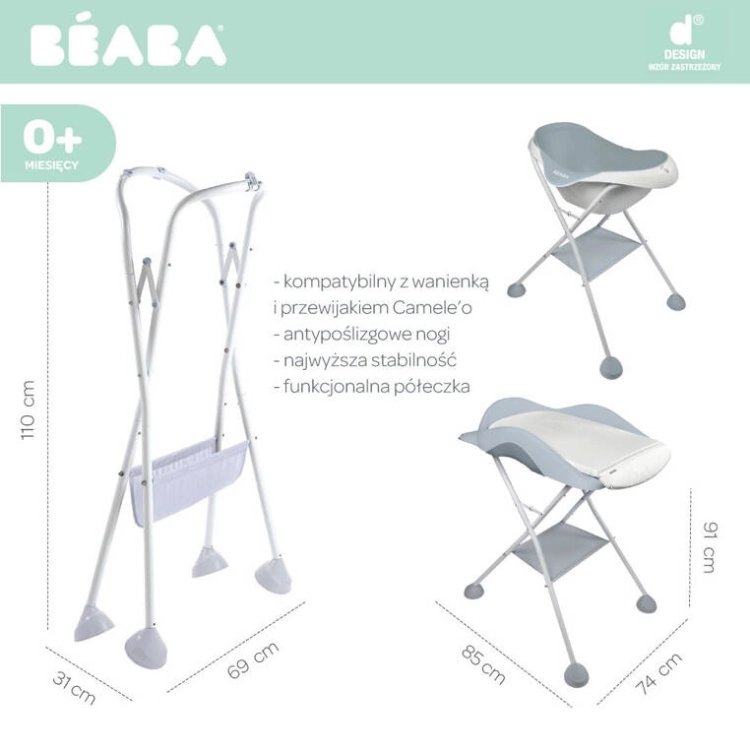 Stojak Beaba Camele'o - infografika z wymiarami 110x69x31 cm oraz wanienką i przewijakiem na stojaku