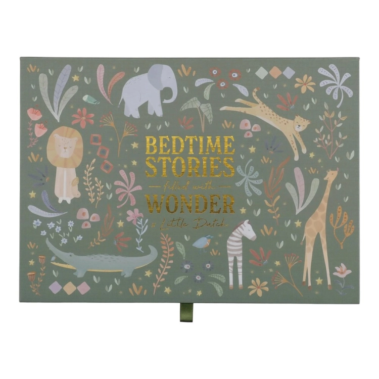 Zamknięte pudełko projektora Little Dutch Safari Friends z napisem Bedtime Stories i zwierzętami sawanny