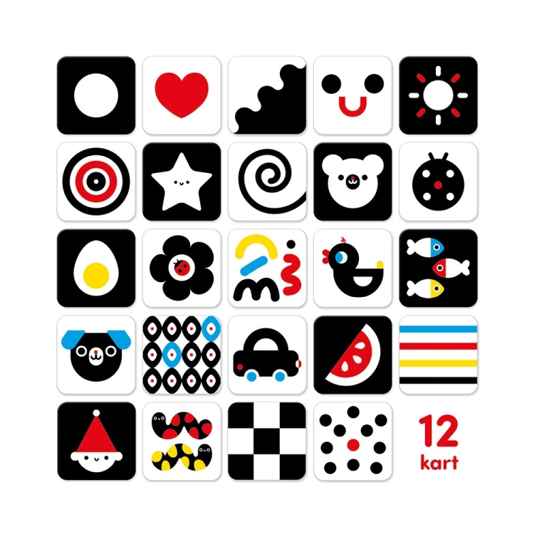 Komplet 24 ilustracji z kart kontrastowych CzuCzu - serce, gwiazda, miś, rybki i wzory geometryczne