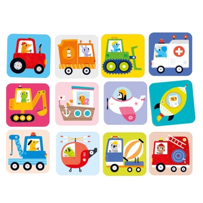 Dwanaście ilustracji z gry memory CzuCzu - traktor, koparka, karetka, rakieta i helikopter