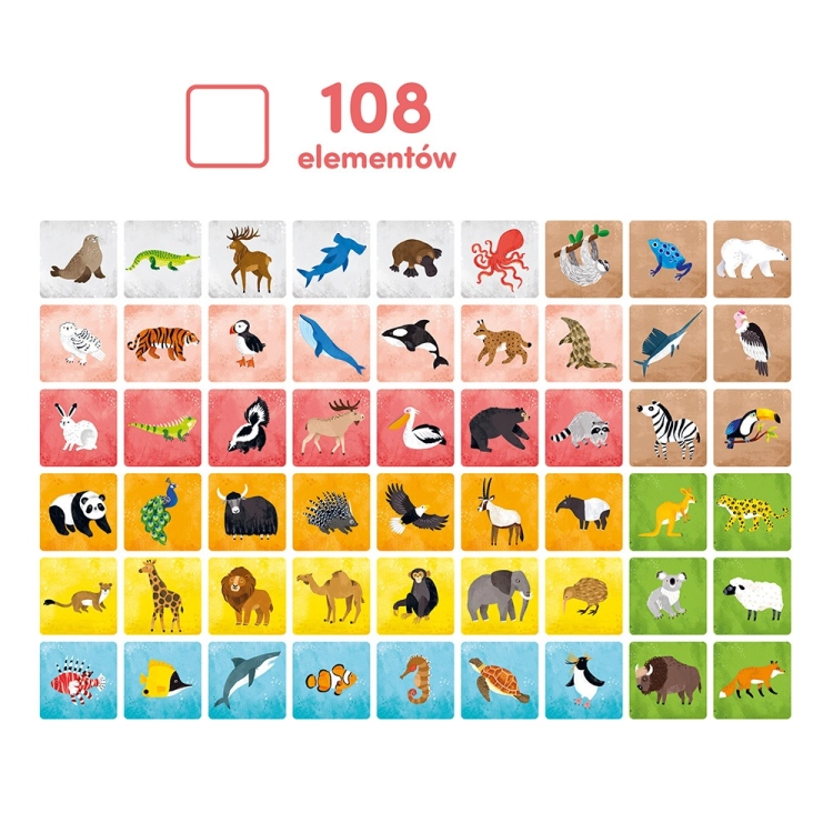 Komplet 108 kart memory Zwierzęta świata CzuCzu z ilustracjami zwierząt z różnych stref klimatycznych