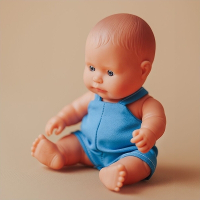 Lalka Miniland Baby chłopiec 21 cm w niebieskich ogrodniczkach, idealna do małych rąk, na ciepłym beżowym tle