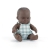 Lalka bobas chłopiec Miniland Baby 21 cm o ciemnej karnacji, w miętowych ogrodniczkach w kratkę, na białym tle