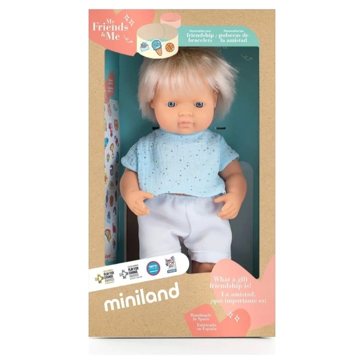 Lalka chłopiec blond Miniland My Friends & Me 38 cm w oryginalnym pudełku z naklejkami do personalizacji bransoletek