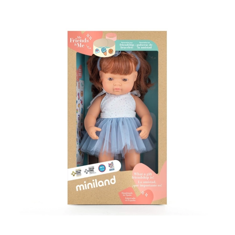 Ruda lalka dziewczynka Miniland My Friends & Me 38 cm w oryginalnym pudełku, z błękitną opaską z tiulu