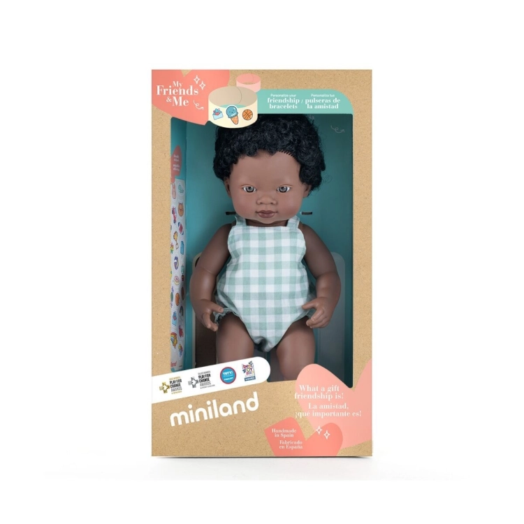 Lalka chłopiec z kręconymi włosami Miniland My Friends & Me 38 cm w oryginalnym pudełku z okienkiem