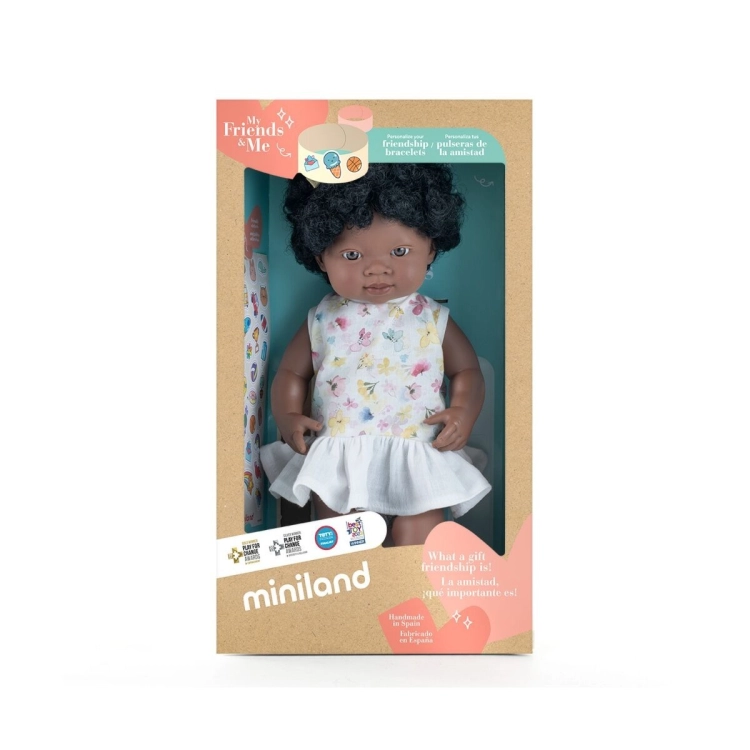 Lalka dziewczynka z kręconymi włosami Miniland My Friends & Me 38 cm w oryginalnym pudełku z naklejkami